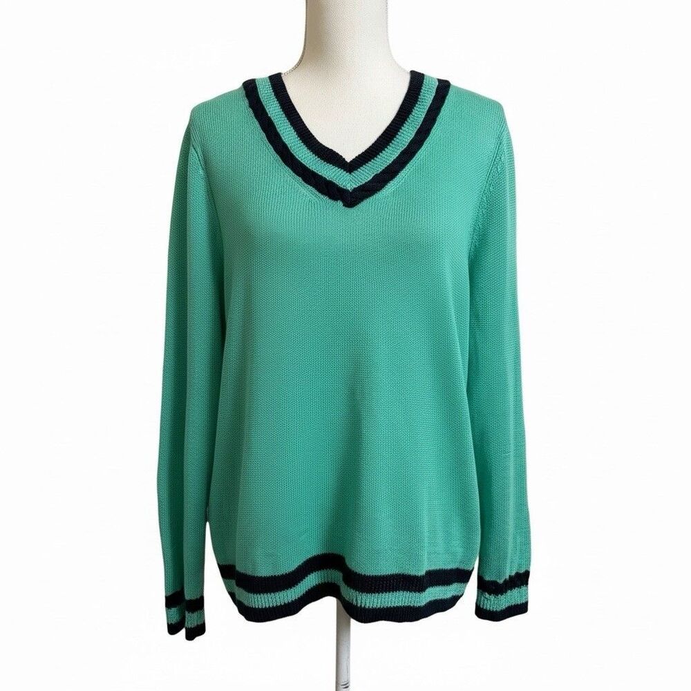 Talbots Women's XL Petite XLP Green Mint V-Neck 100% Linen Sweater Black Trim